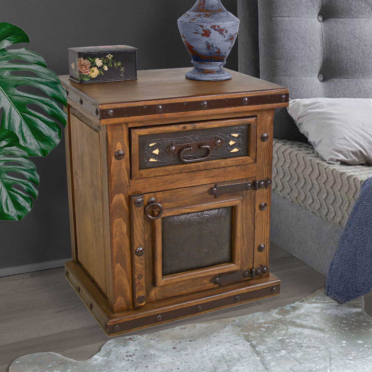 North Fork Tooled Leather Nightstand - Opens Right