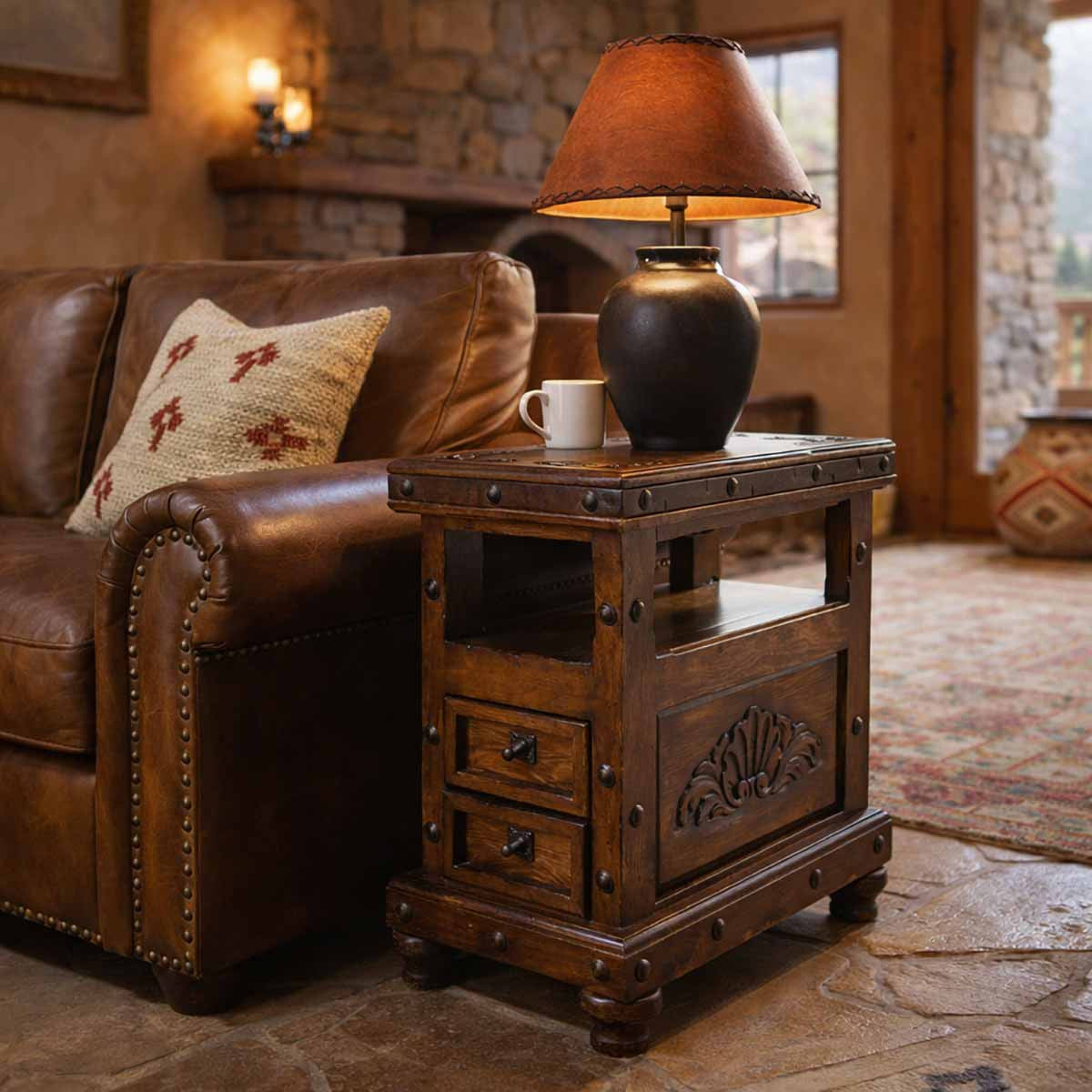 Pike's Landing Hand Carved End Table with Iron Detail