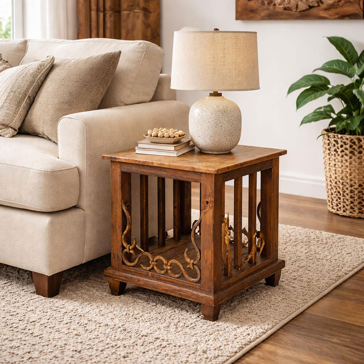 Mercantile Copper Top End Table with Wrought Iron Detail