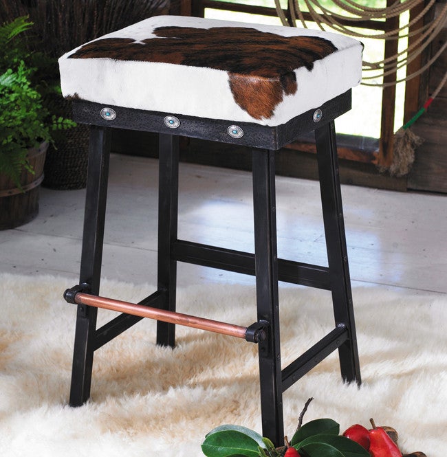 Rustic Bar Furniture Cowhide Iron Barstool w/ Turquoise Conchos