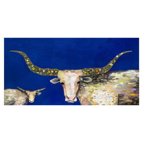 Longhorn Steer and Calf Blue Canvas Art