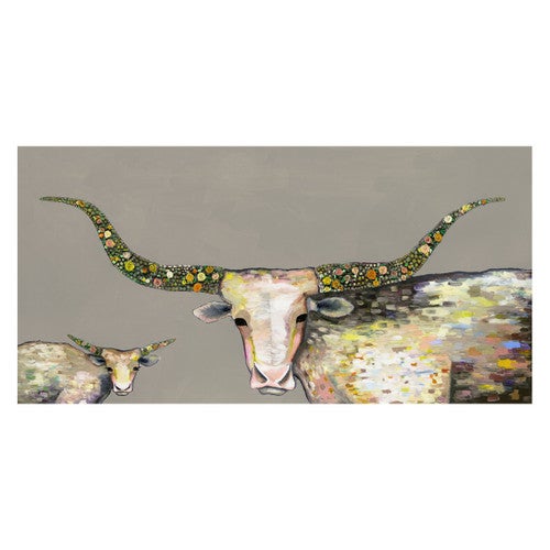Longhorn Steer and Calf Taupe Canvas Art