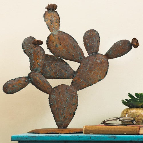 Patina Prickly Pear Metal Cactus with Blossoms - Medium