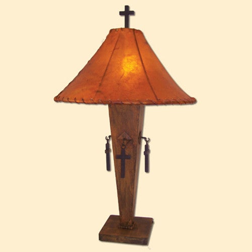 Natural Iron Cross Inverted Lamp with Orange Rawhide Shade