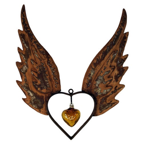 Angel Wings Up Heart with Amber Glass Heart - XL