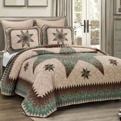Aqua Star Quilt Bed Set - Queen