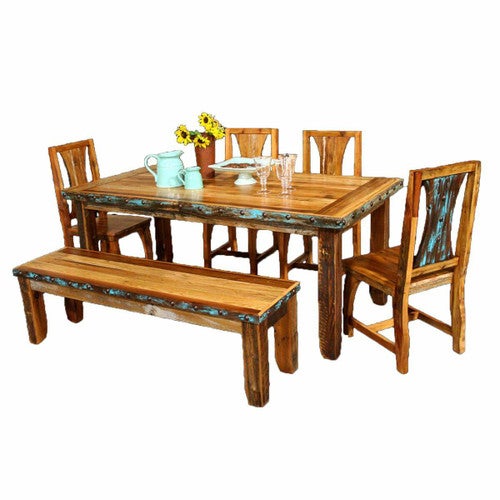 Barnwood Azul Table & Chairs with Bench and Nailheads - 6 pcs