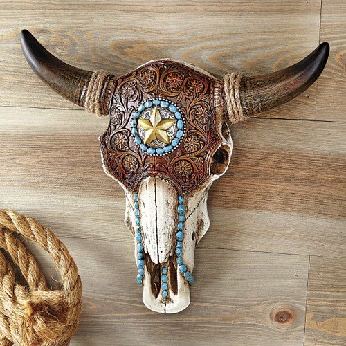 Bull Skull with Tooled Leather Design