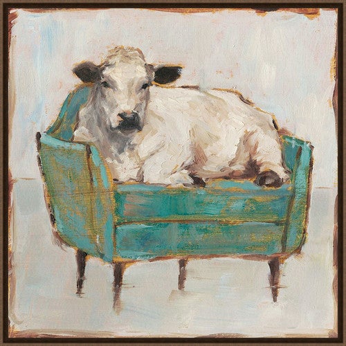 Cow on Couch Framed Canvas