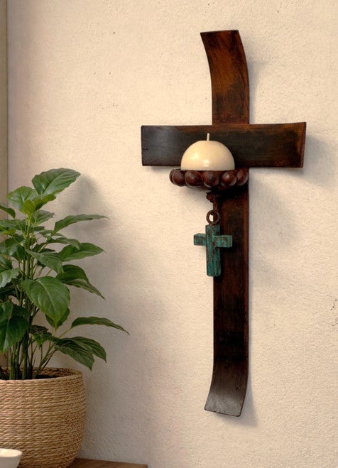 Curved Cross Candle Holder with Cross Accent And Candle