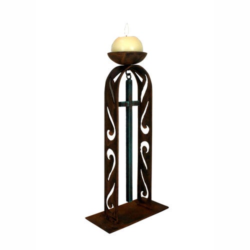 Cut Out Arch and Patina Cross Candle Holder with Round Candle