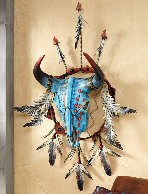 Feathered Steer Skull Wall Sculpture