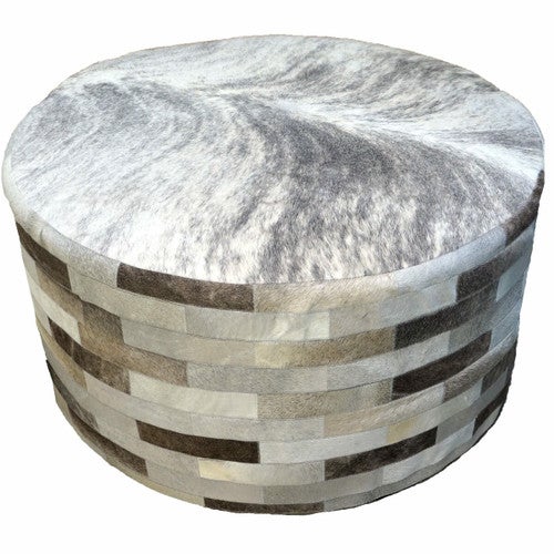 Gray Round Cowhide Ottoman - 36 Inch