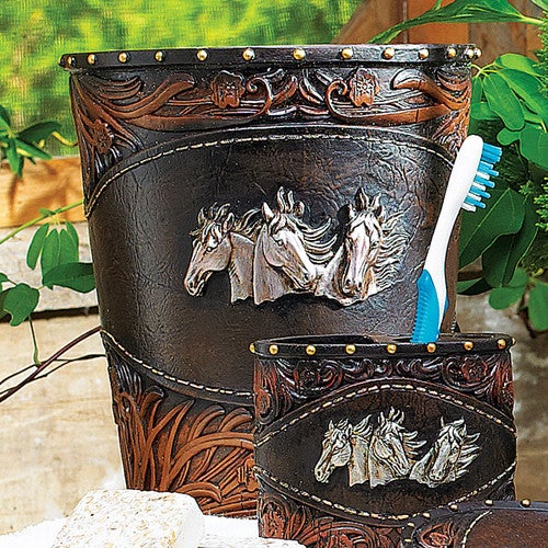 Horse Tooled Leather Waste Basket