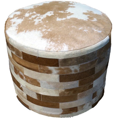 Light Brown Round Cowhide Ottoman - 24 Inch