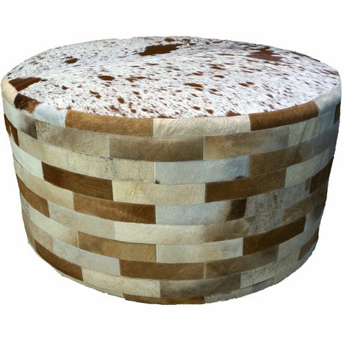 Light Brown Round Cowhide Ottoman - 36 Inch