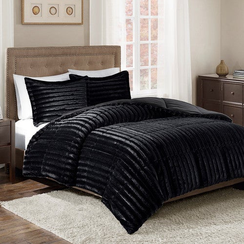 Logan Black Faux Fur Comforter Set - King