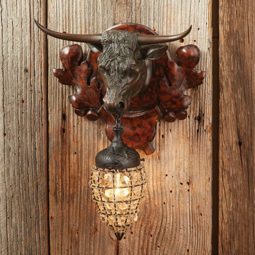 Longhorn Wall Sconce with Crystal Bead and Wire Globe