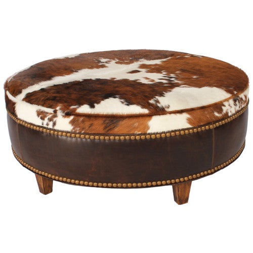 Ranch Collection Round Tricolor Cowhide Ottoman - 36 Inch
