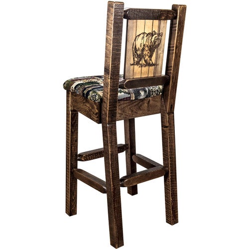 Ranchman's Barstool with Back & Laser-Engraved Bear Design