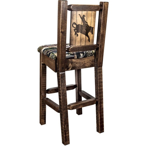 Ranchman's Barstool with Back & Laser-Engraved Bronc Design