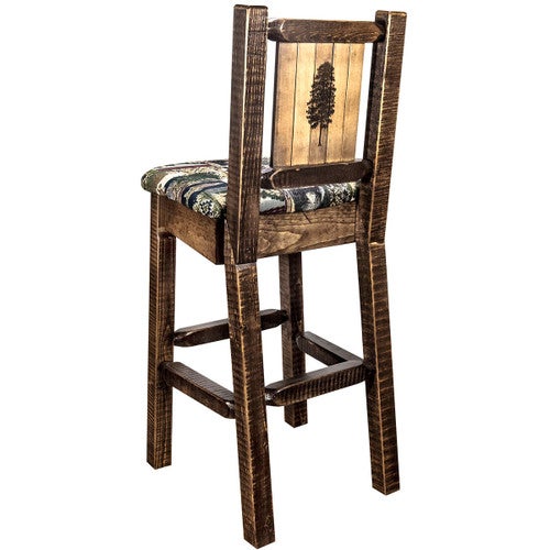 Ranchman's Barstool with Back & Laser-Engraved Pine Tree Design