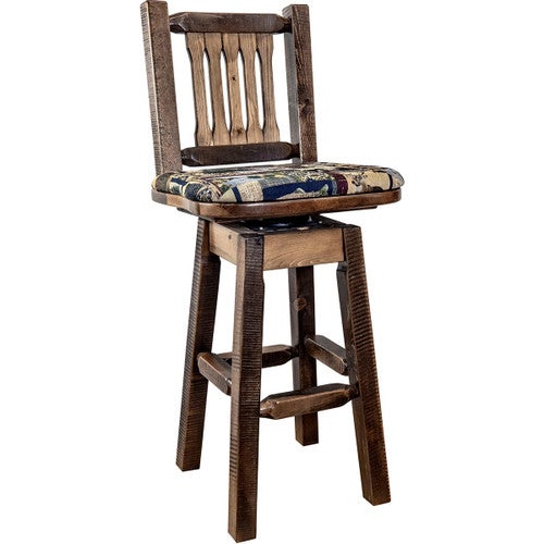 Ranchman's Barstool with Back, Swivel, Woodland Upholstered Seat, Stain & Clear Lacquer Finish