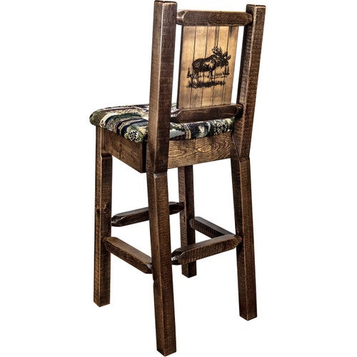 Ranchman's Counter Stool with Back & Laser-Engraved Moose Design