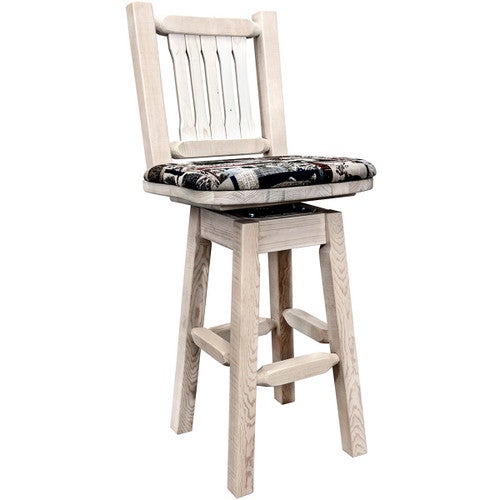 Ranchman's Counter Stool with Back, Swivel, Woodland Upholstery & Clear Lacquer Finish