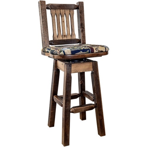 Ranchman's Counter Stool with Back, Swivel, Woodland Upholstery, Stain & Clear Lacquer Finish