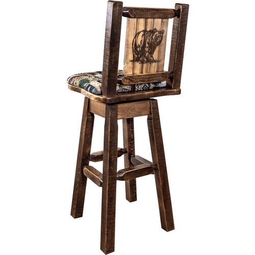 Ranchman's Woodland Upholstery Barstool with Back, Swivel & Laser-Engraved Bear Design