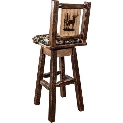 Ranchman's Woodland Upholstery Barstool with Back, Swivel & Laser-Engraved Elk Design