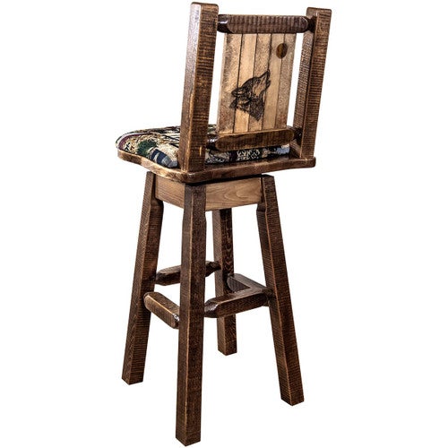 Ranchman's Woodland Upholstery Barstool with Back, Swivel & Laser-Engraved Wolf Design