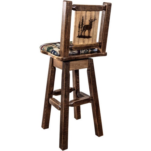 Ranchman's Woodland Upholstery Counter Stool with Back, Swivel & Laser-Engraved Elk Design