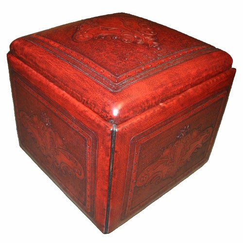 Red Box Ottoman with Fleur De Lys Tooled Leather