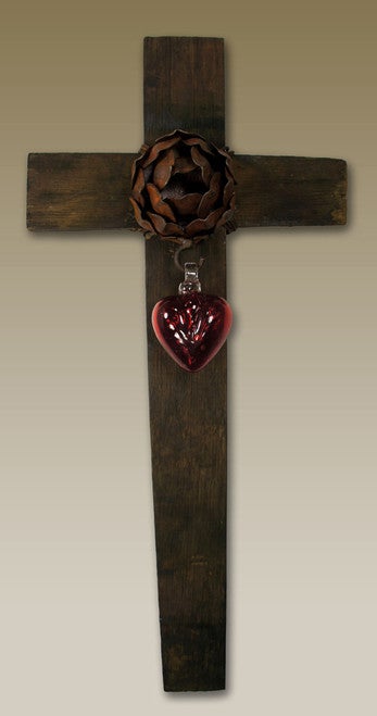 Red Glass Heart Wall Cross - Large