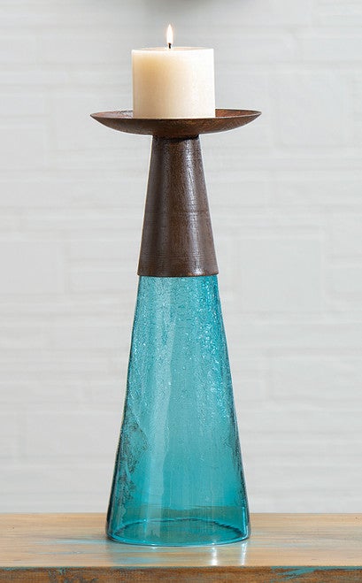Reversible Candle Holder / Vase with Crackled Turquoise Glass and Candle - Small