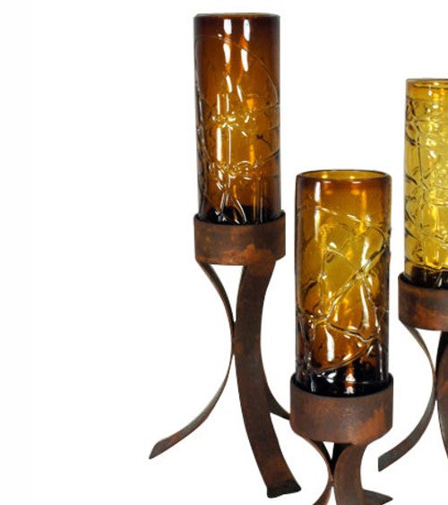 Spider Web Amber Glass Cylinder on Iron Base - Large