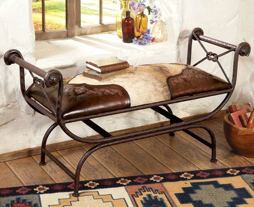 Tooled Leather and Cowhide Bench