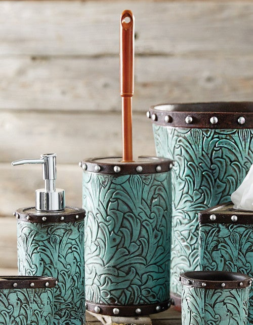 Tooled Turquoise Flowers Toilet Brush Holder