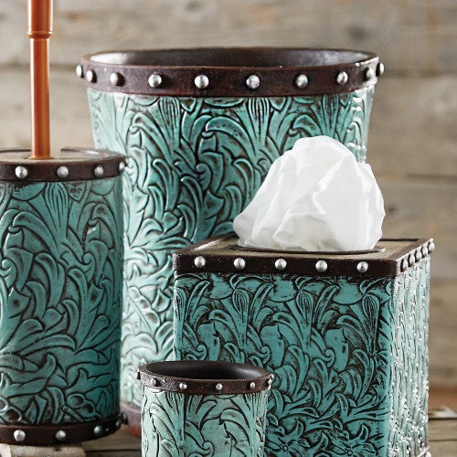 Tooled Turquoise Flowers Waste Basket