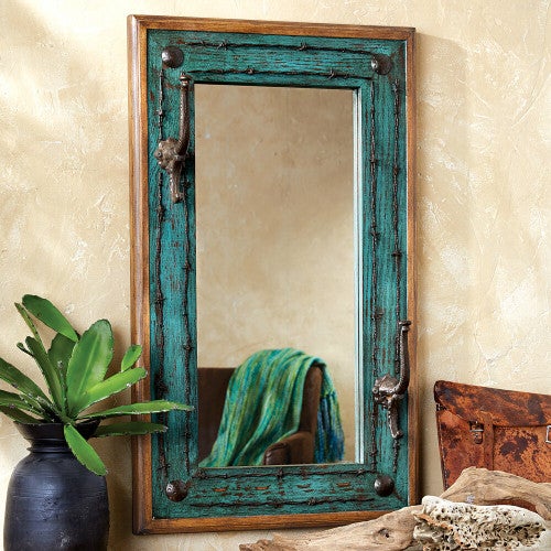 Turquoise Old Ranch Mirror with Hooks