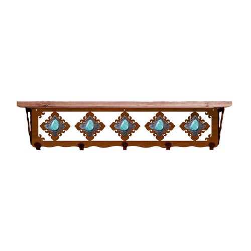 Turquoise Stone 34 Inch Pine Hook Shelf