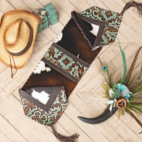 Turquoise Tooled Leather & Cowhide Table Runner - 12 x 54