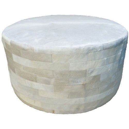 White Round Cowhide Ottoman - 36 Inch