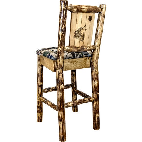 Woodsman Barstool with Back & Laser-Engraved Wolf Design
