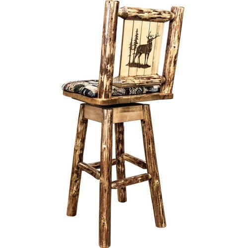 Woodsman Woodland Upholstery Barstool with Back, Swivel & Laser-Engraved Elk Design