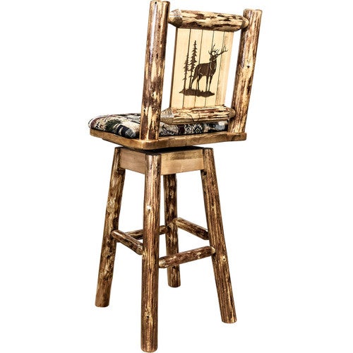 Woodsman Woodland Upholstery Counter Stool with Back, Swivel & Laser-Engraved Elk Design