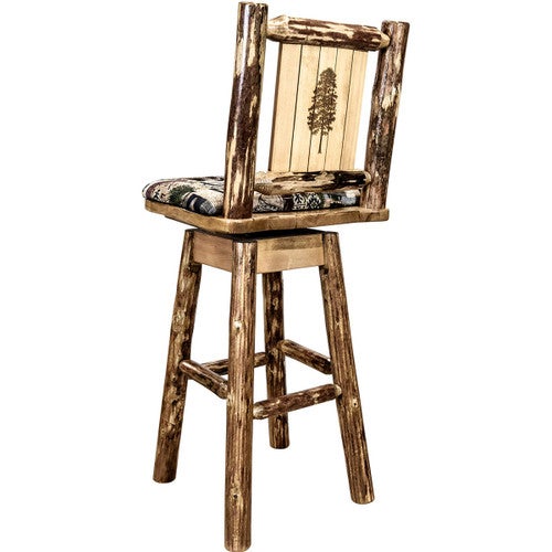Woodsman Woodland Upholstery Counter Stool with Back, Swivel & Laser-Engraved Pine Tree Design