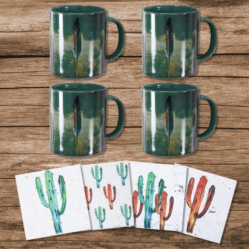 Cactus & Feather 8 Pc Mug & Coaster Set